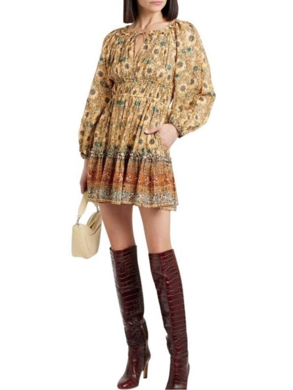 NWOT Ulla Johnson yellow & turquoise Floral Long Sleeve boho Mini Dress | Size 4
